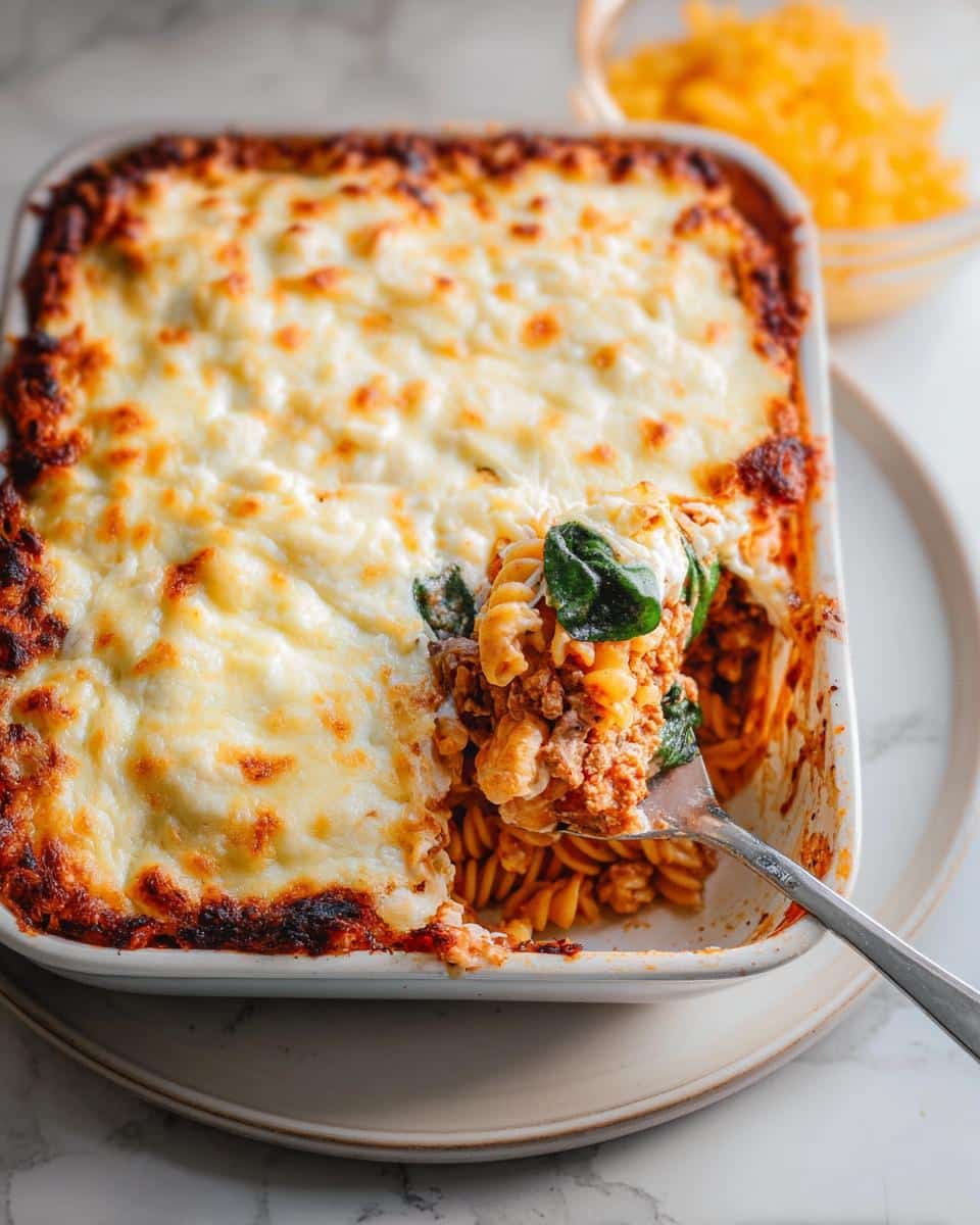 A fork lifting a serving of baked Chicken & Cottage Cheese Protein Pasta topped with melted, browned cheese.