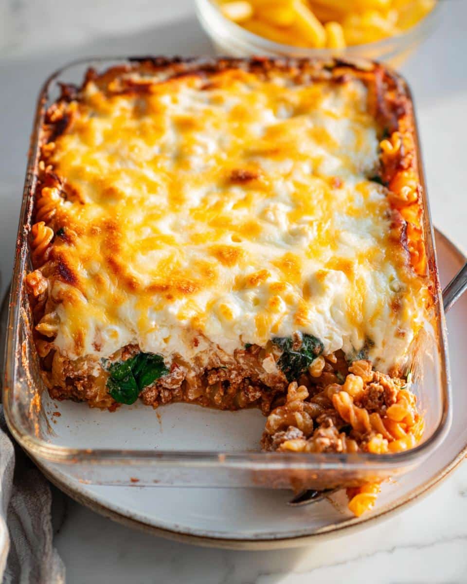 A baked casserole dish of Chicken & Cottage Cheese Protein Pasta with a bubbly, melted cheese topping.
