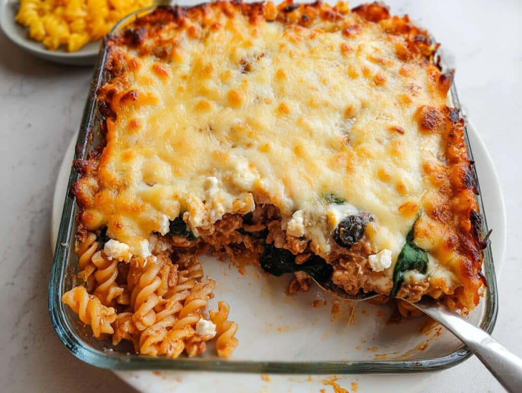 A serving spoon lifts a portion of baked Chicken & Cottage Cheese Protein Pasta casserole with a golden, melted cheese topping.