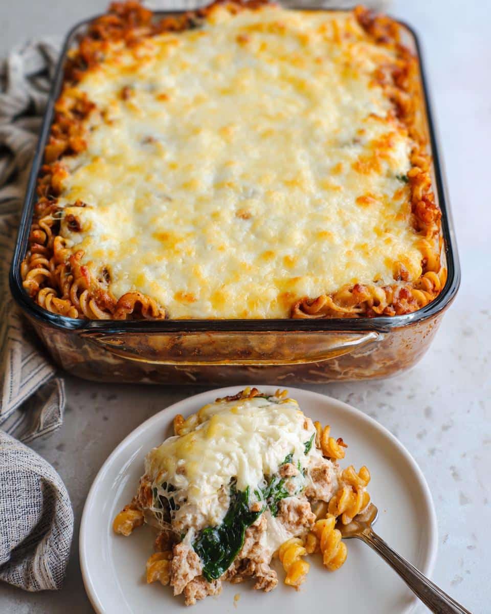 A baked casserole dish of Chicken & Cottage Cheese Protein Pasta topped with melted mozzarella, with a serving on a plate.