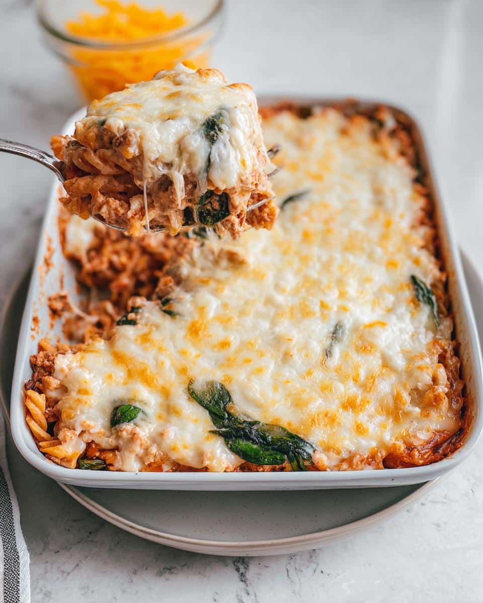 A serving spoon lifts a cheesy portion of Chicken & Cottage Cheese Protein Pasta from a baked casserole dish.
