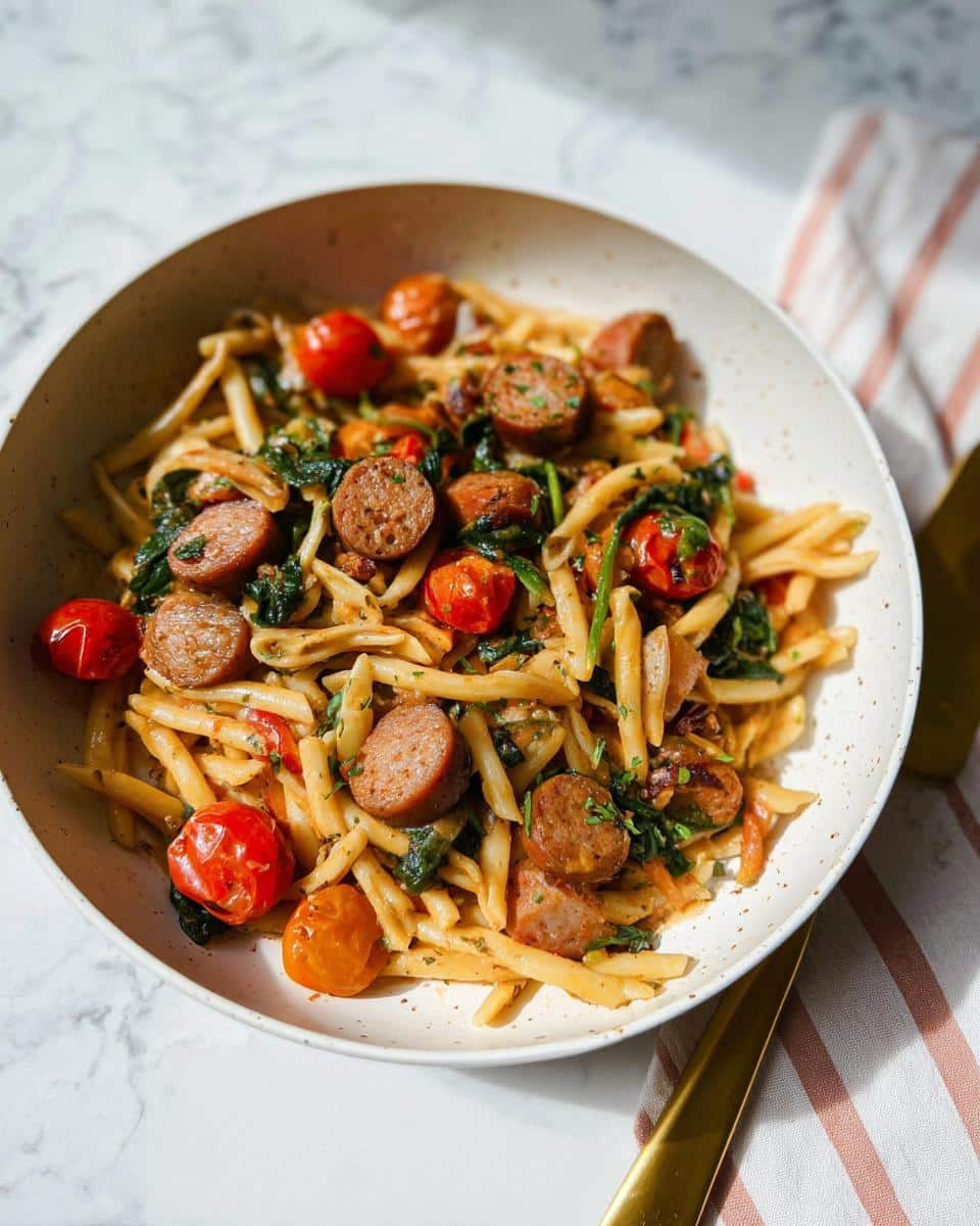 A bowl of Chicken Sausage Protein Pasta mixed with cherry tomatoes and spinach, garnished with herbs.