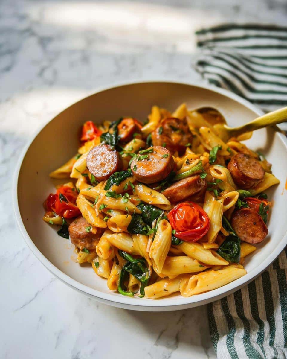 A bowl of Chicken Sausage Protein Pasta featuring penne, sliced sausage, spinach, and roasted tomatoes.