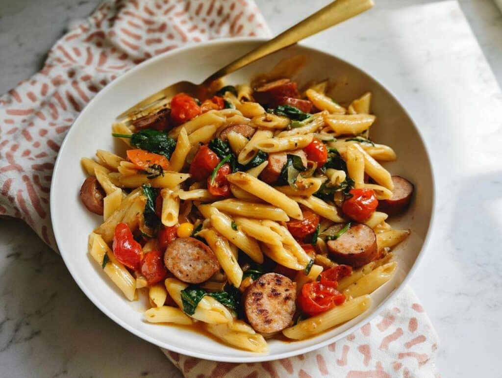 A close-up of a white bowl filled with Chicken Sausage Protein Pasta, featuring penne, sliced sausage, spinach, and cherry tomatoes.