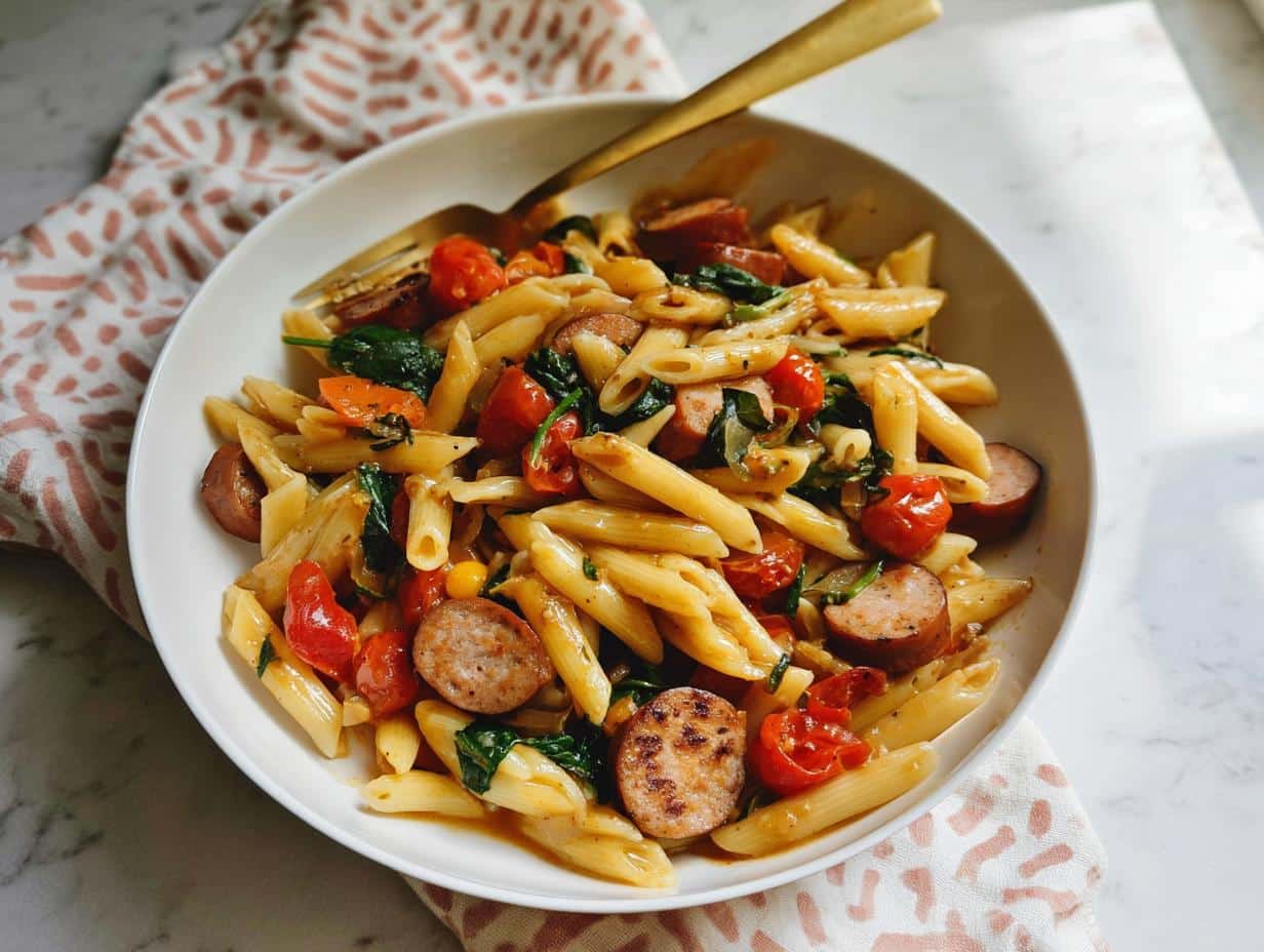 A close-up of a white bowl filled with Chicken Sausage Protein Pasta, featuring penne, sliced sausage, spinach, and cherry tomatoes.
