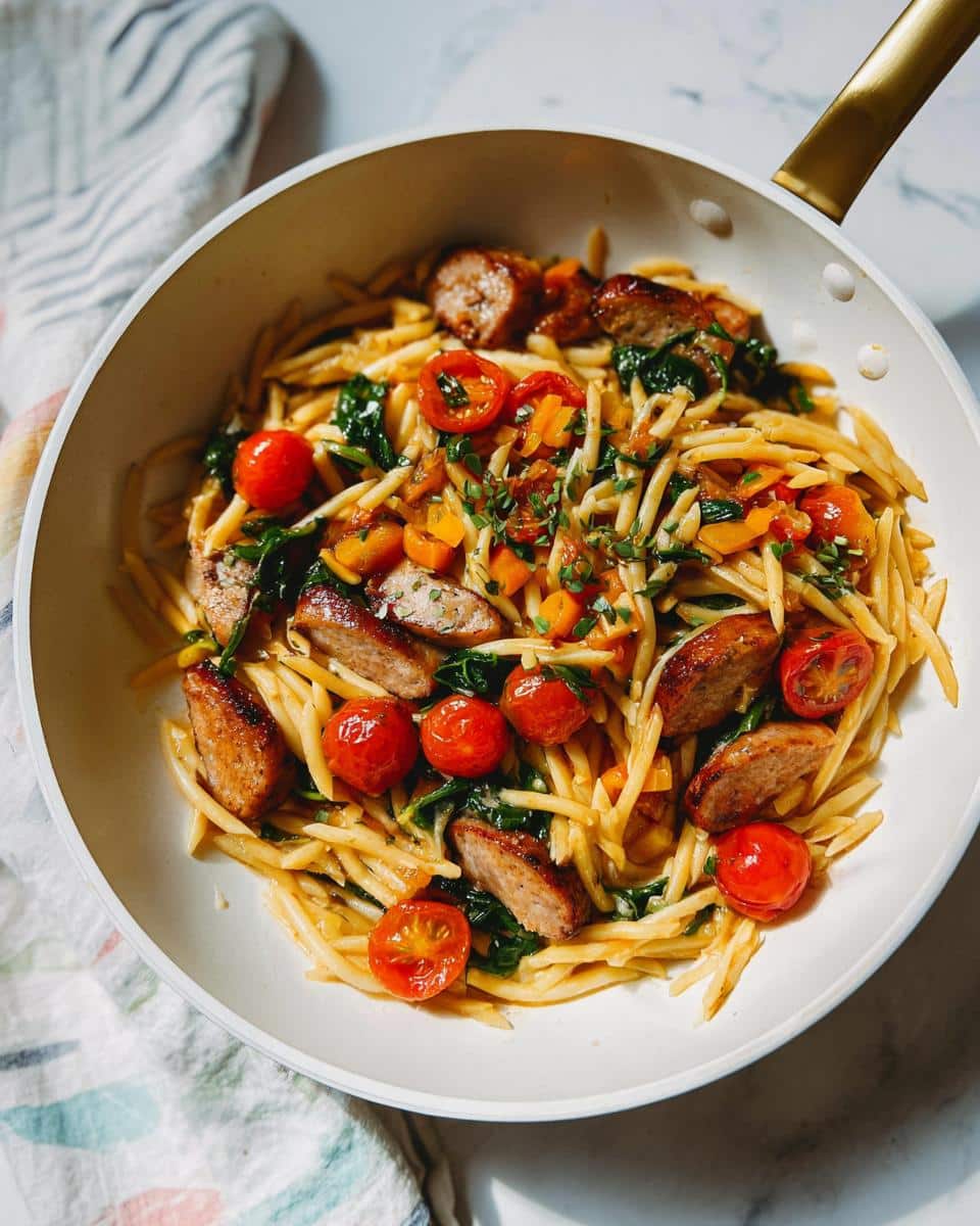 Overhead view of Chicken Sausage Protein Pasta with cherry tomatoes and spinach in a white skillet.