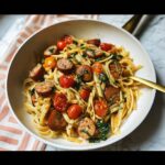A close-up overhead shot of Chicken Sausage Protein Pasta with cherry tomatoes and spinach in a white skillet.