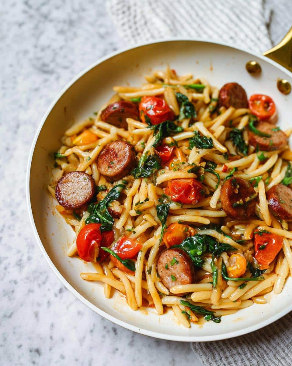 Close-up overhead view of Chicken Sausage Protein Pasta with roasted cherry tomatoes and spinach in a white skillet.