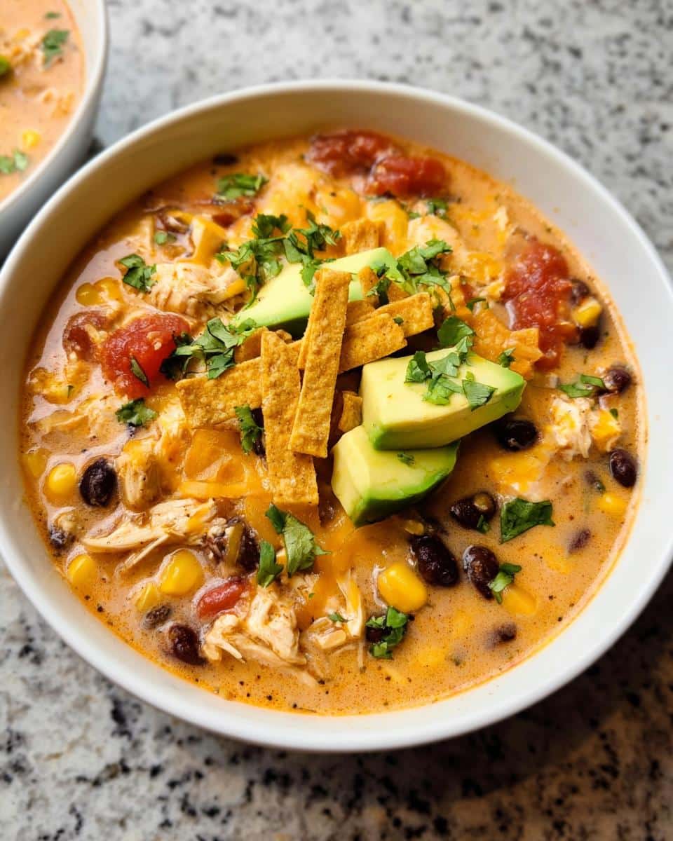 A close-up of a bowl of creamy Chicken Taco Soup, topped with avocado, tortilla strips, and cilantro.