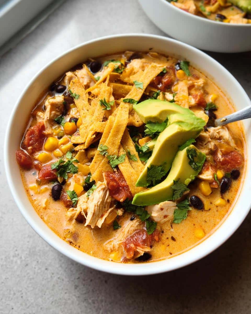 A close-up of a bowl of Chicken Taco Soup, topped with avocado slices, tortilla strips, and cilantro.