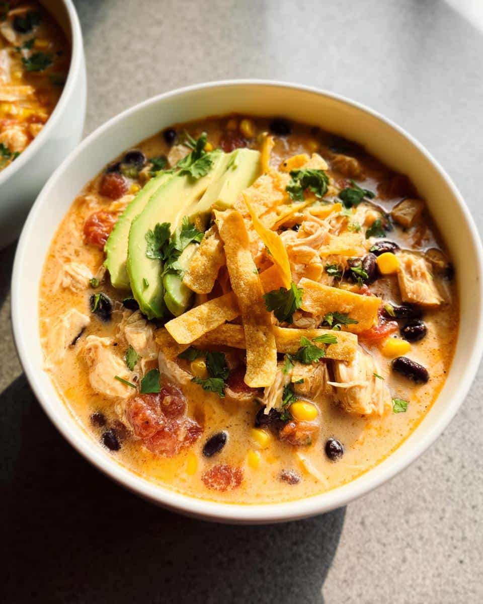 A close-up of a bowl of creamy Chicken Taco Soup, topped with avocado slices, tortilla strips, and cilantro.