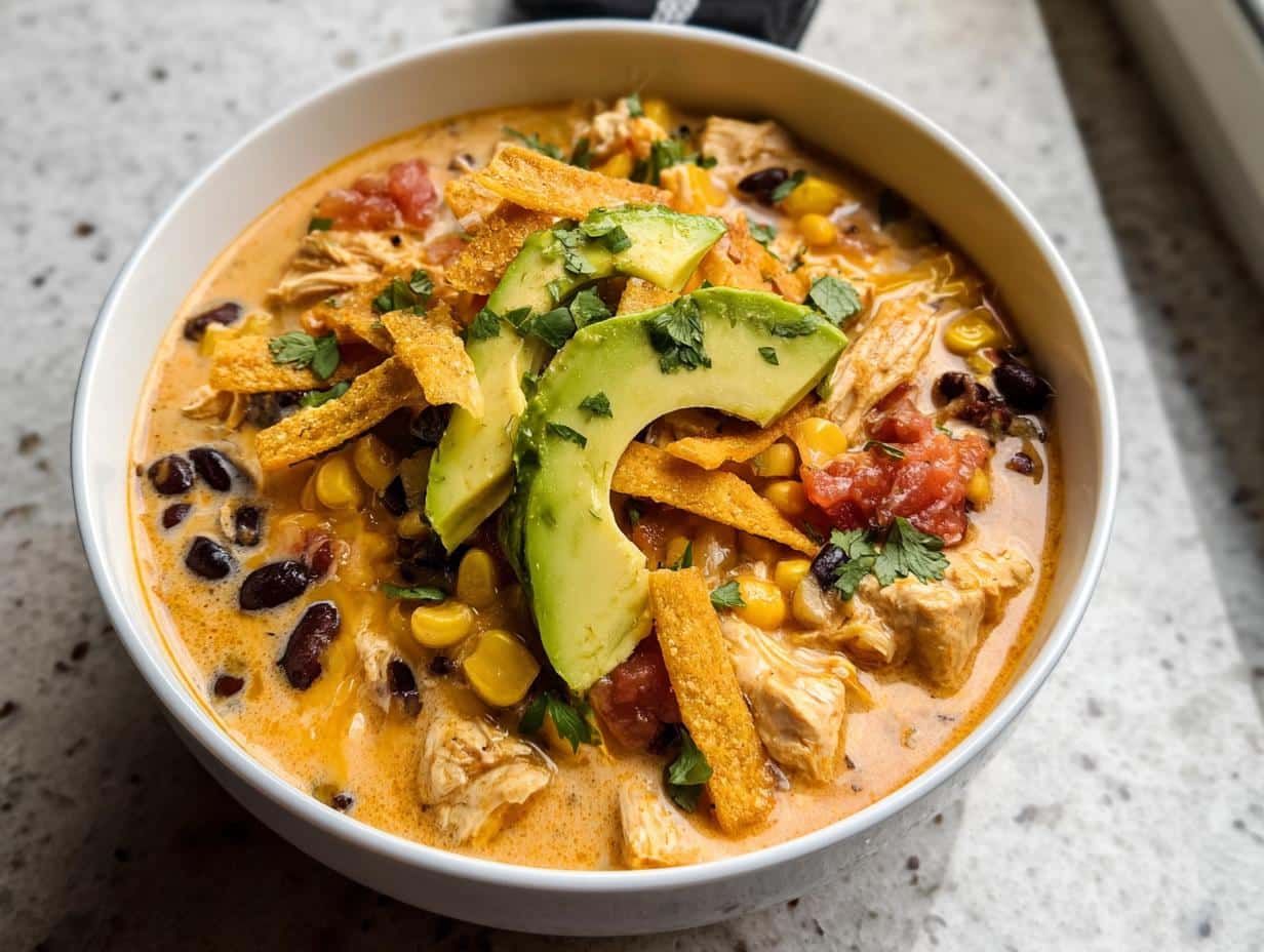 A close-up of a bowl of creamy Chicken Taco Soup, topped with sliced avocado, tortilla strips, and cilantro.