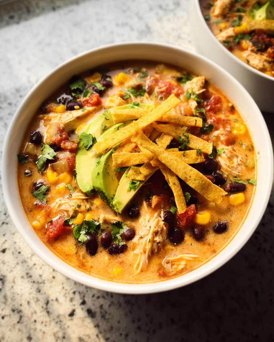A close-up of a bowl of creamy Chicken Taco Soup, topped with avocado slices, tortilla strips, and cilantro.