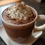 A warm mug of Chili-Cinnamon Mocha topped with whipped cream and a dusting of cocoa powder.