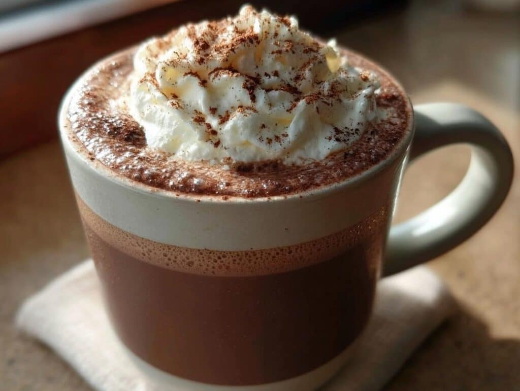 A close-up of a mug filled with a rich Chili-Cinnamon Mocha, topped with whipped cream and a dusting of cocoa powder.