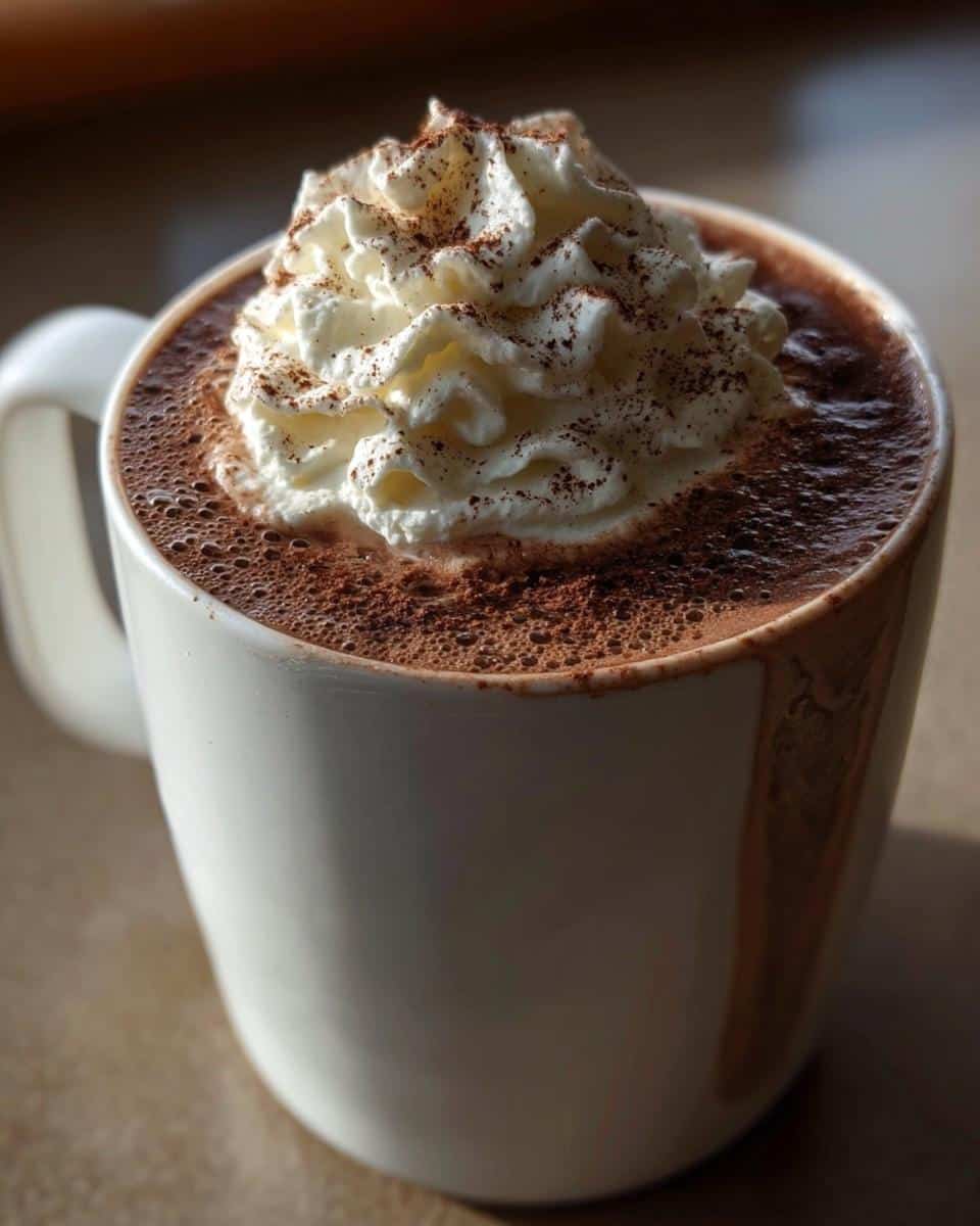A close-up of a white mug filled with a rich Chili-Cinnamon Mocha, topped with whipped cream and a dusting of cocoa.