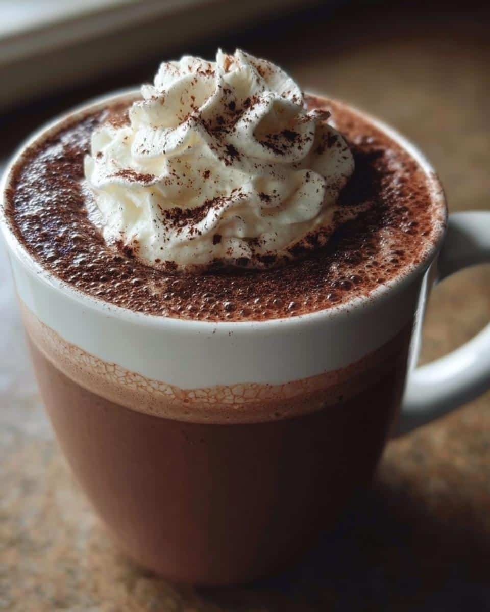 A close-up of a mug filled with Chili-Cinnamon Mocha, topped with whipped cream and a dusting of cocoa powder.