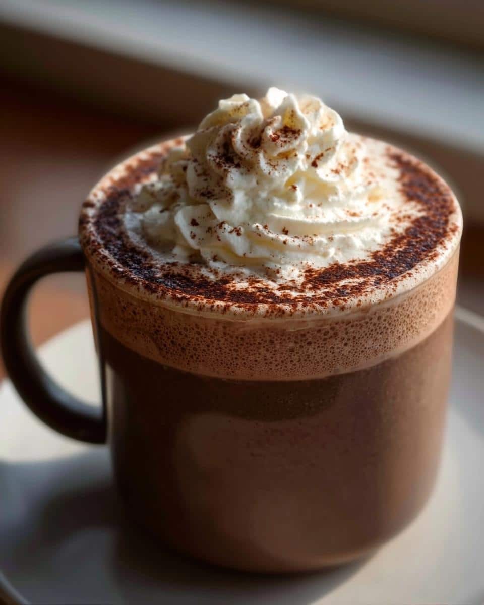 A warm mug of Chili-Cinnamon Mocha topped with whipped cream and a dusting of cocoa powder.