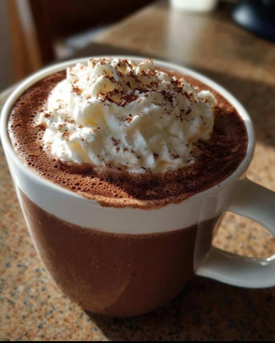 A close-up of a steaming Chili-Cinnamon Mocha topped with whipped cream and a dusting of cocoa.