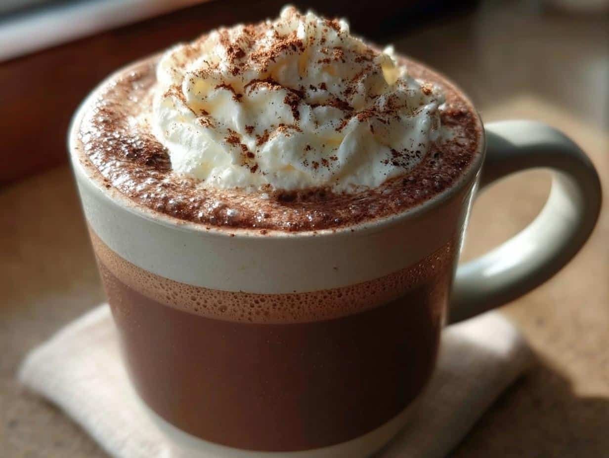A close-up of a mug filled with a rich Chili-Cinnamon Mocha, topped with whipped cream and a dusting of cocoa powder.