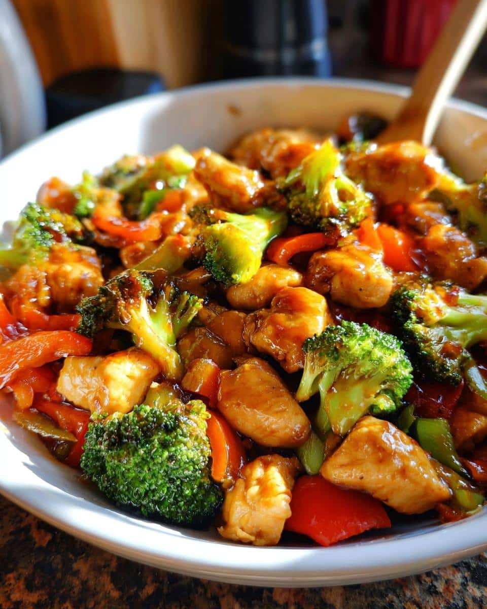 A close-up of a white bowl filled with vibrant Chinese Chicken Stir Fry, featuring tender chicken pieces, bright green broccoli florets, and red bell peppers in a glossy sauce.