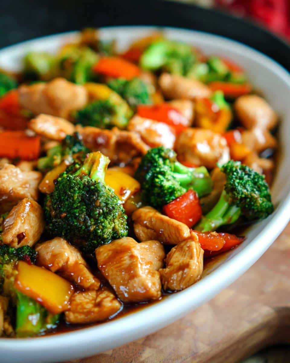 Close-up of a bowl of Chinese Chicken Stir Fry featuring tender chicken pieces, vibrant broccoli florets, and colorful bell peppers in a savory sauce.