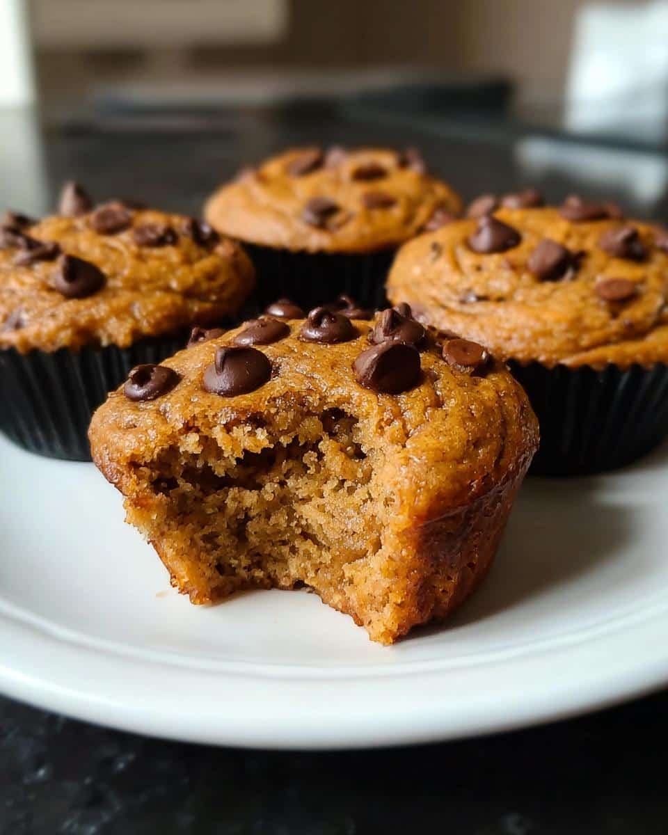 Close-up of a Chocolate Chip Protein Pancake Muffin with a bite taken out, showing the fluffy interior and chocolate chips.