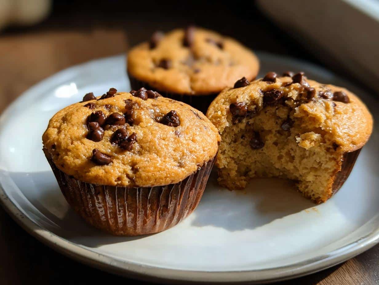 Three Chocolate Chip Protein Pancake Muffins on a white plate, one with a bite taken out showing the soft interior.