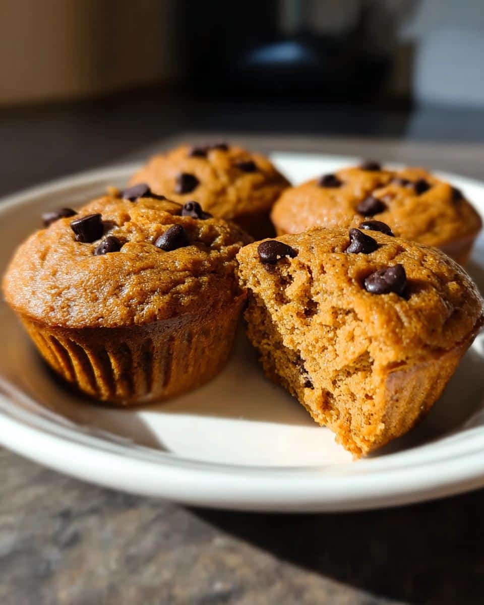 Four Chocolate Chip Protein Pancake Muffins on a white plate, one is broken open showing the texture.