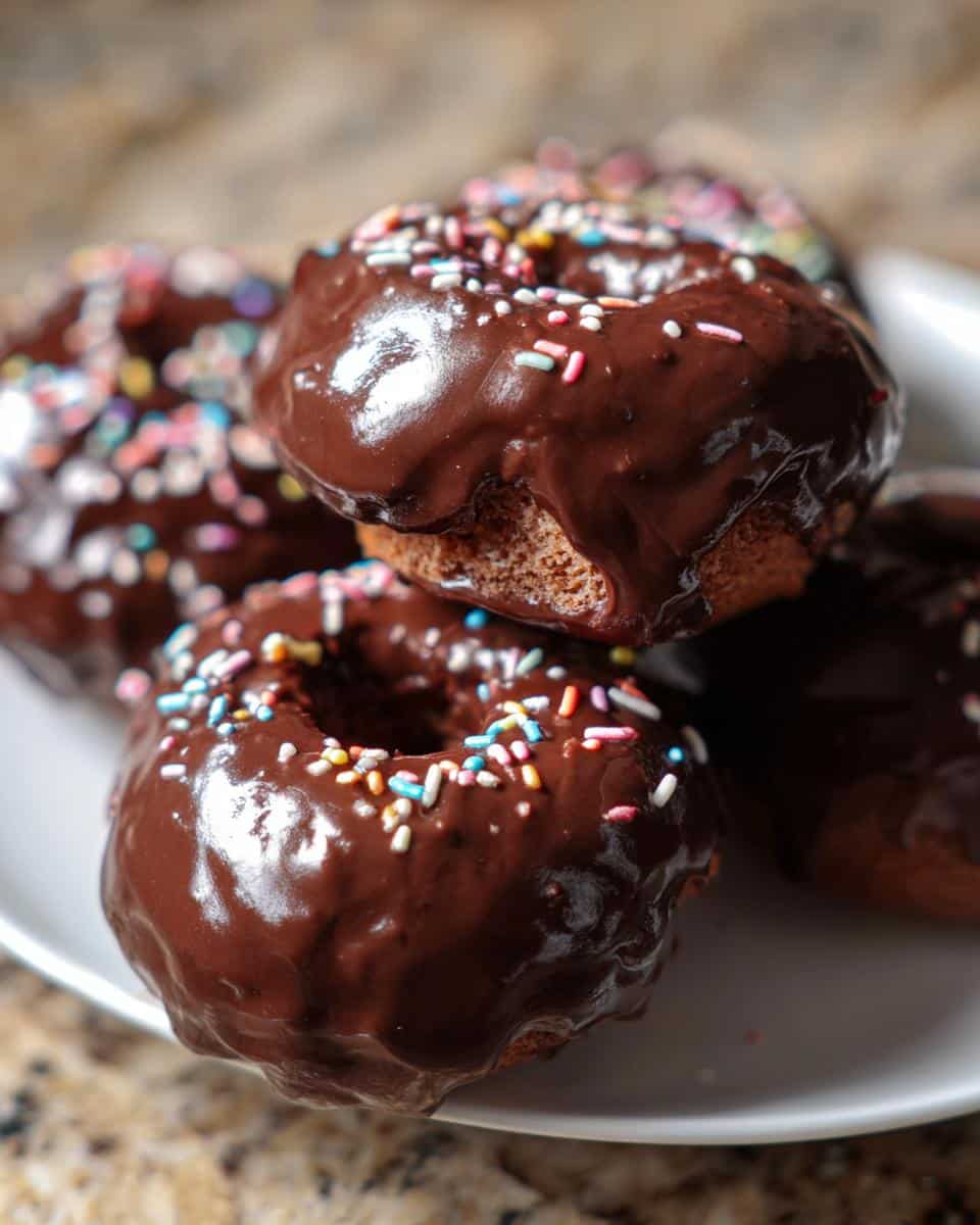 Close-up of several Chocolate-Dipped Banana Donut Holes covered in glossy chocolate glaze and colorful sprinkles.