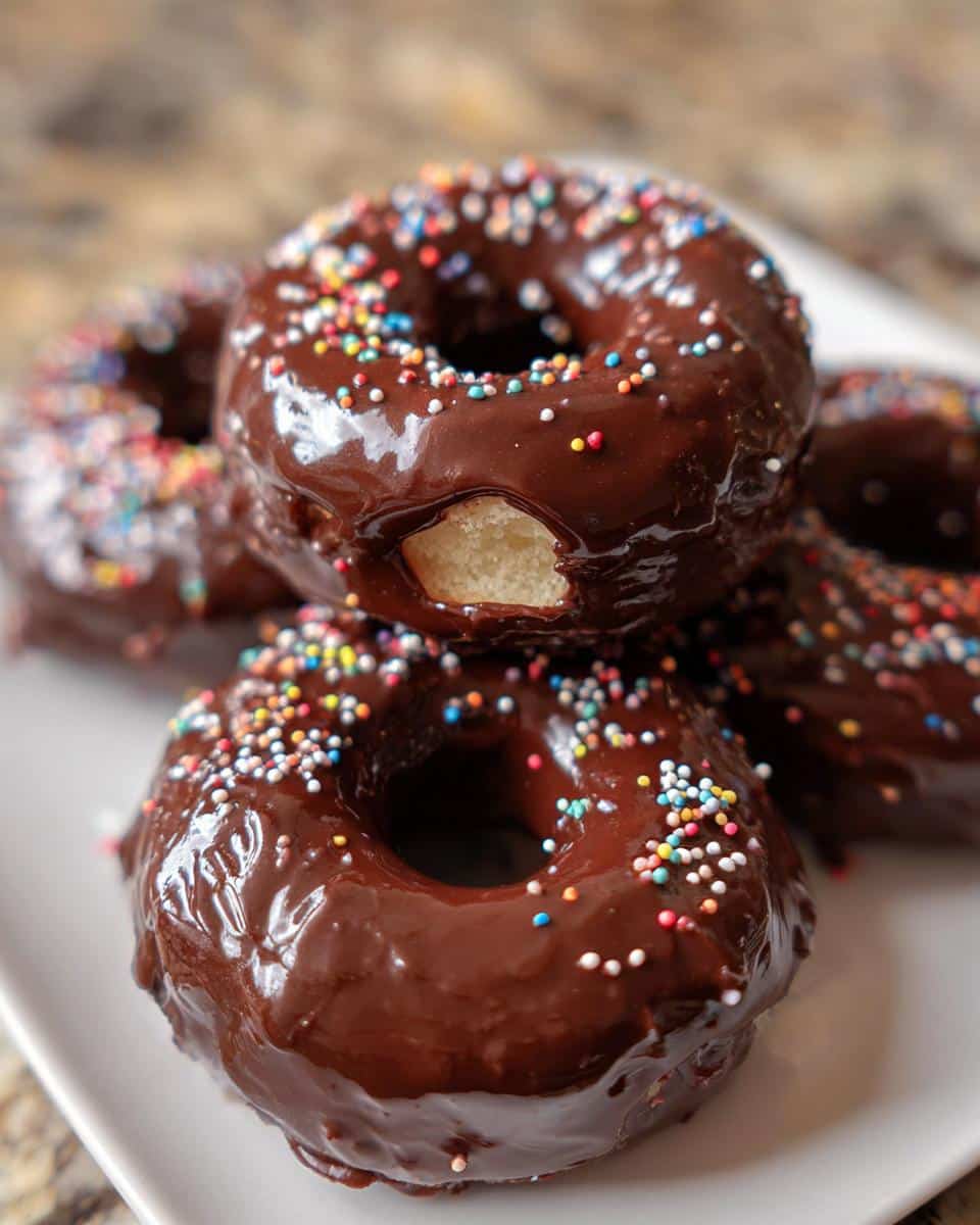 Close-up of Chocolate-Dipped Banana Donut Holes covered in glossy chocolate glaze and rainbow sprinkles.