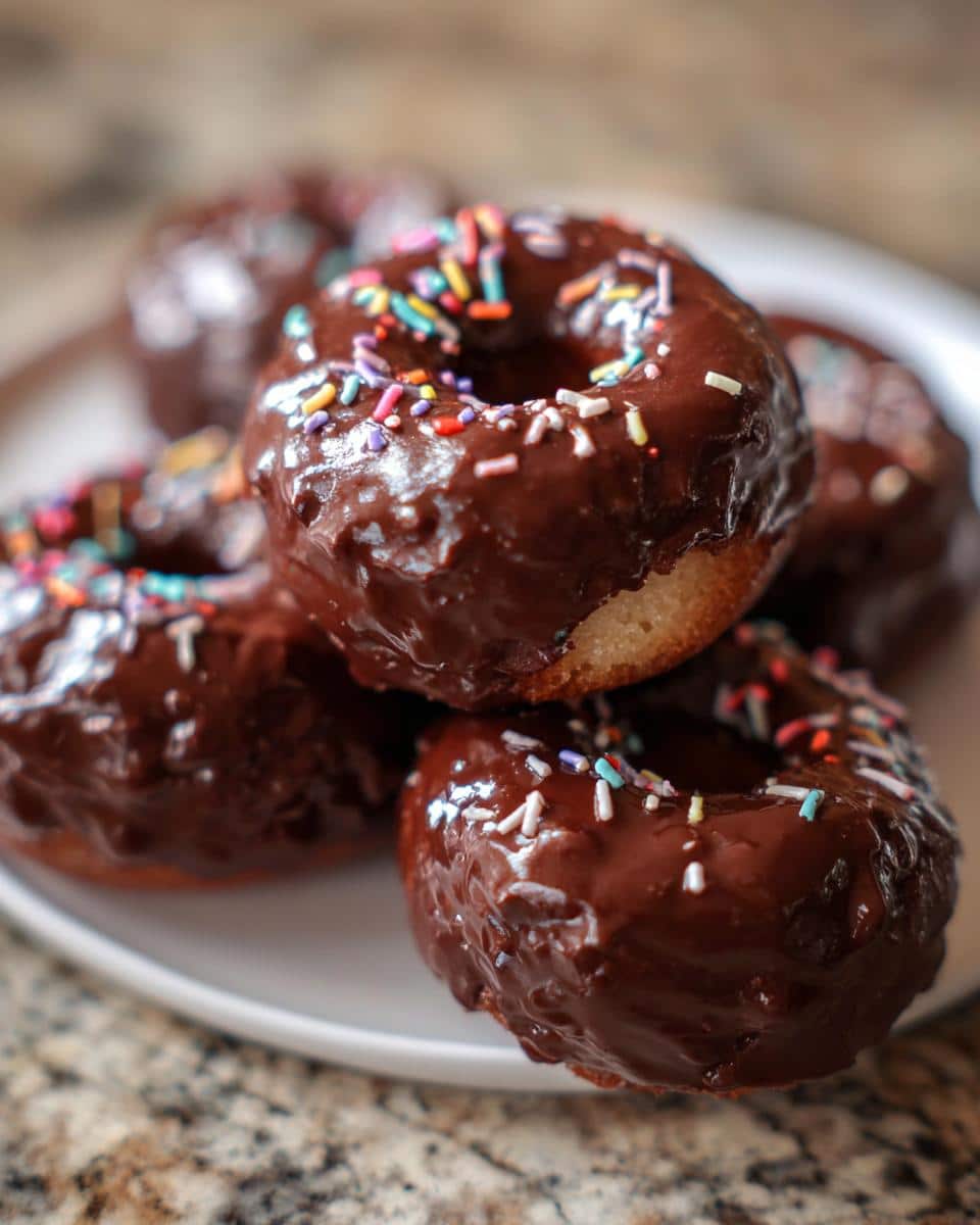 Close-up of several Chocolate-Dipped Banana Donut Holes covered in rich chocolate glaze and colorful sprinkles.