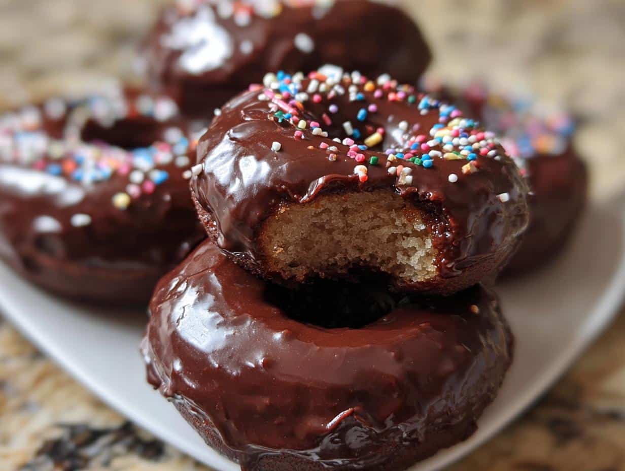 Close-up of Chocolate-Dipped Banana Donut Holes, one stacked on top has a bite taken out showing the cake texture.