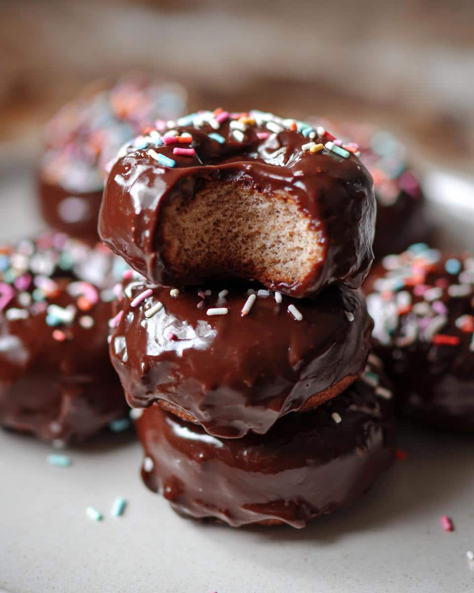 Stack of three Chocolate-Dipped Banana Donut Holes, one with a bite taken out showing the cake interior.