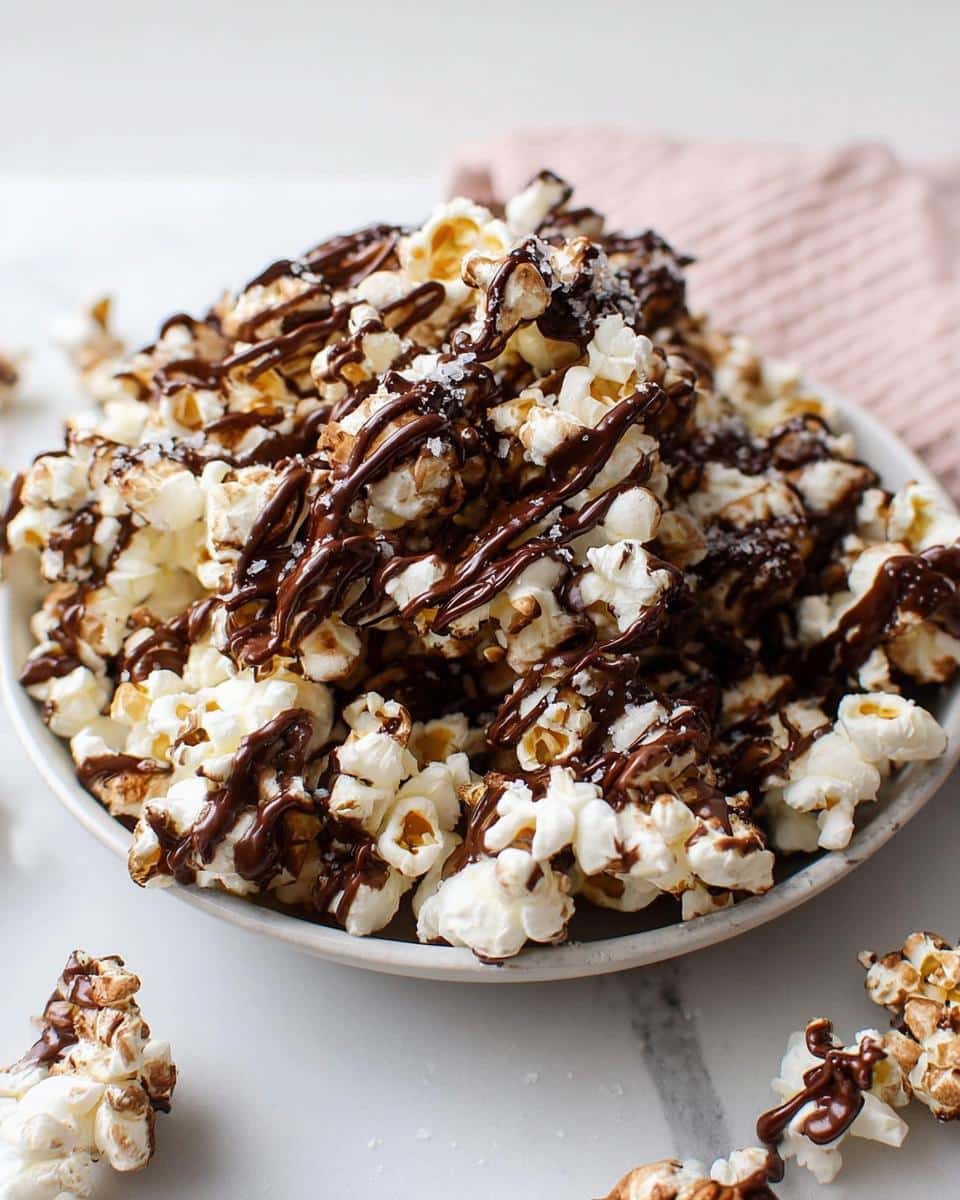 A close-up of a bowl overflowing with fluffy popcorn generously topped with dark chocolate drizzle and flaky sea salt.