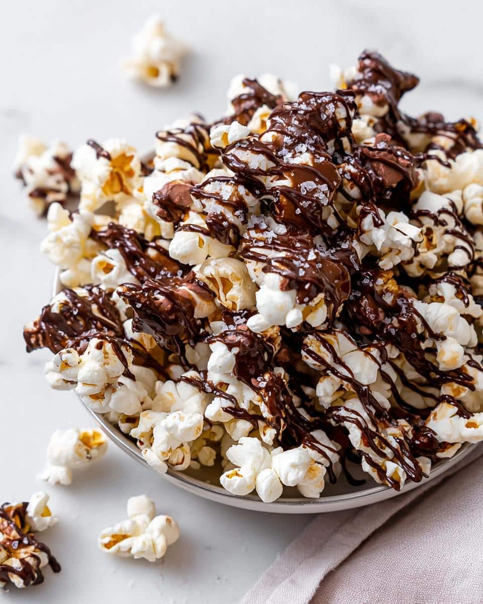 A close-up of a bowl overflowing with fluffy popcorn, heavily coated in dark chocolate drizzle and sprinkled with sea salt.
