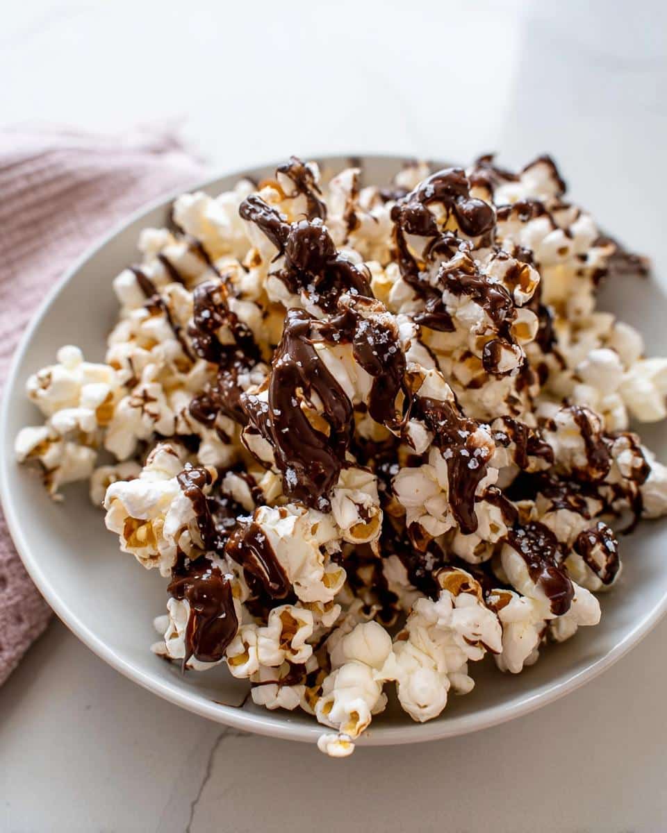 A close-up of a white bowl filled with fluffy popcorn generously covered in dark chocolate drizzle and sprinkled with sea salt flakes.