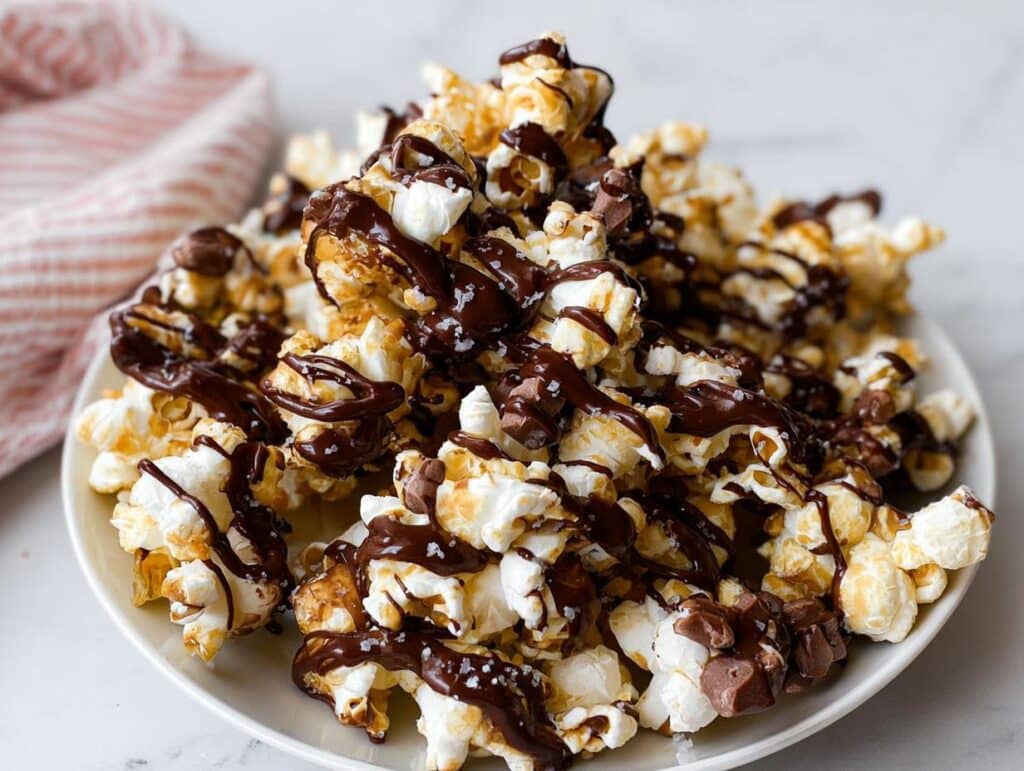 A close-up of fluffy popcorn generously covered in dark chocolate drizzled topping, making delicious Chocolate Drizzled Popcorn.