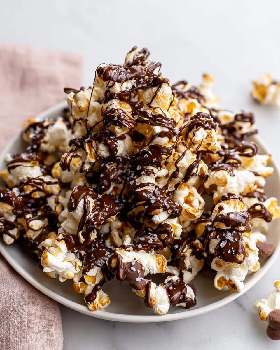 A close-up of a mound of fluffy popcorn generously covered in dark chocolate drizzle and sea salt, perfect Chocolate Drizzled Popcorn.