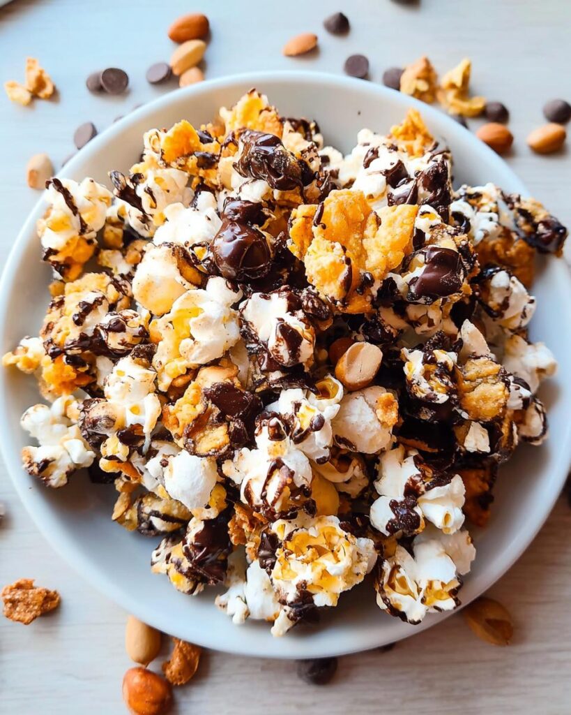 A white bowl filled with a sweet Popcorn Snack Mix drizzled heavily with melted dark chocolate, surrounded by nuts and chips.