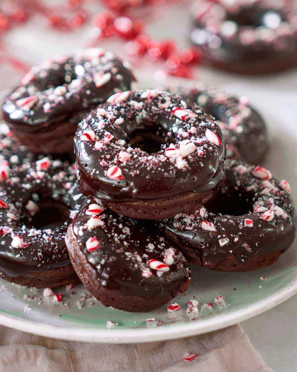 A pile of delicious Chocolate Peppermint Donuts, generously topped with dark chocolate glaze and crushed candy canes.