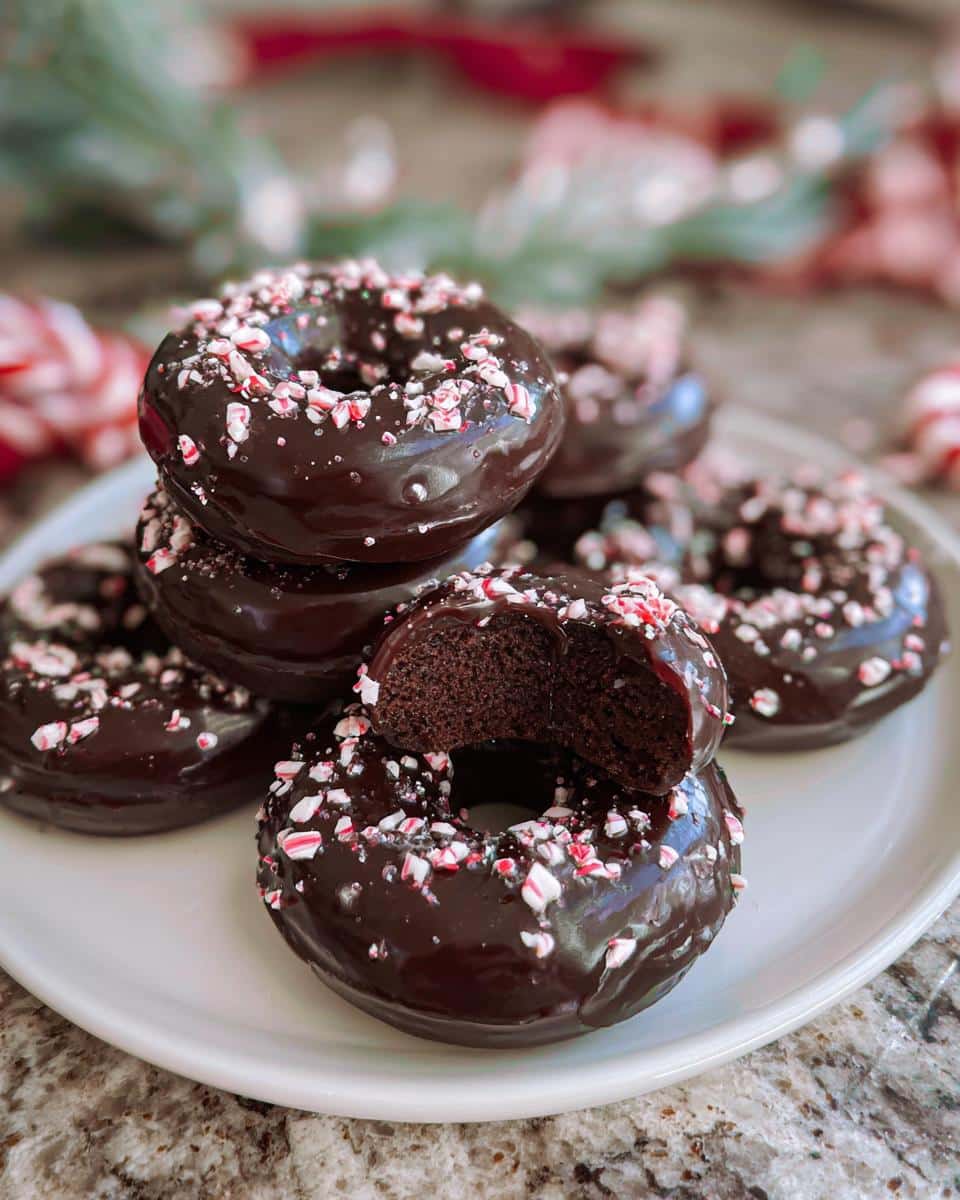 A stack of chocolate peppermint donuts topped with glossy chocolate glaze and crushed candy canes. One donut is bitten into.