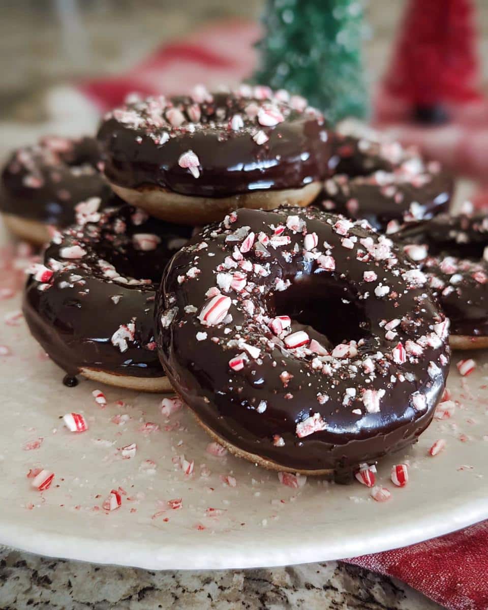 A stack of delicious Chocolate Peppermint Donuts, generously topped with dark chocolate glaze and crushed candy canes.