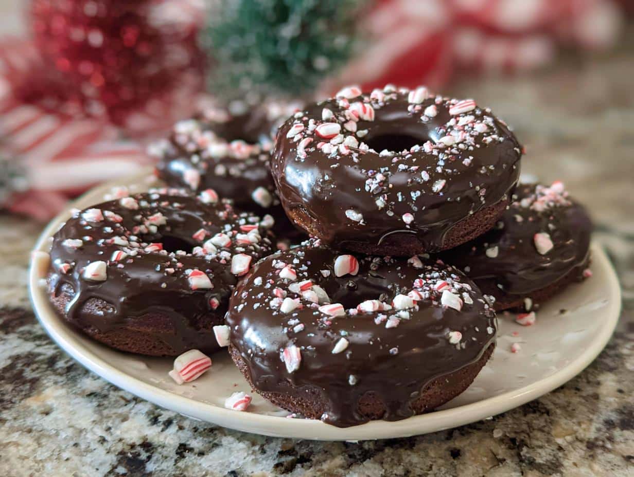 A stack of delicious Chocolate Peppermint Donuts, glazed with dark chocolate and sprinkled with crushed candy canes.