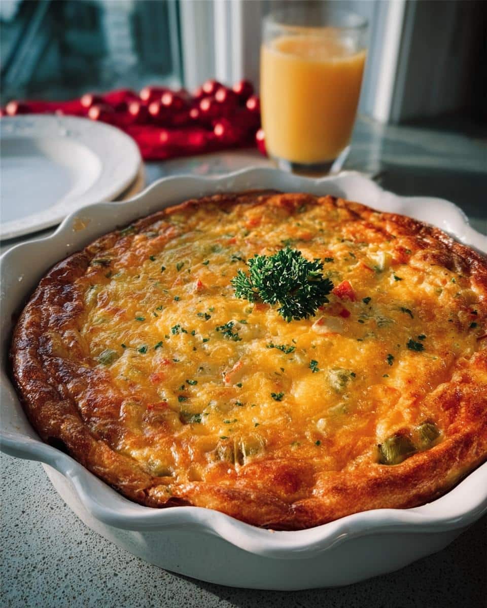 A golden-brown Christmas Morning Frittata baked in a white pie dish, garnished with fresh parsley and served with orange juice.