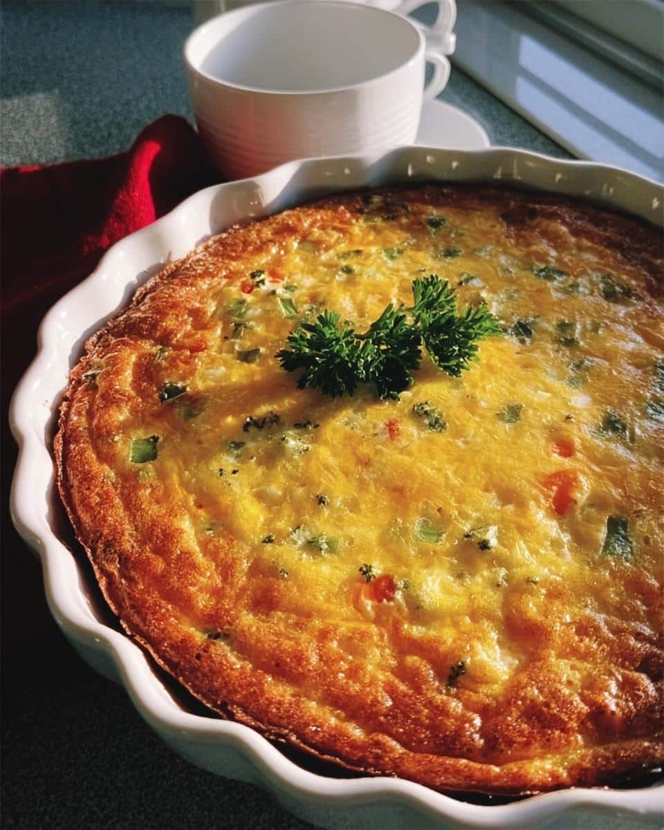 A golden-brown Christmas Morning Frittata baked in a white pie dish, garnished with fresh parsley.