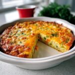 A golden-brown Christmas Morning Frittata baked in a white dish, topped with melted cheese and fresh parsley, with a slice removed.