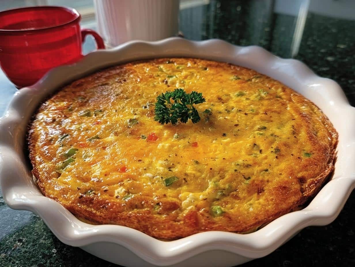 A golden-brown Christmas Morning Frittata baked in a white pie dish, garnished with parsley.