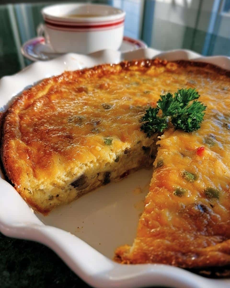 A golden brown Christmas Morning Frittata in a white pie dish, with a slice cut out, garnished with parsley.