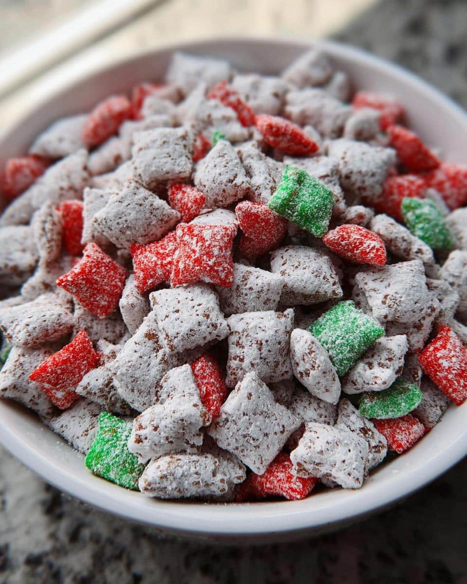 A white bowl filled with classic Christmas Puppy Chow, featuring powdered sugar-coated cereal mixed with bright red and green candies.